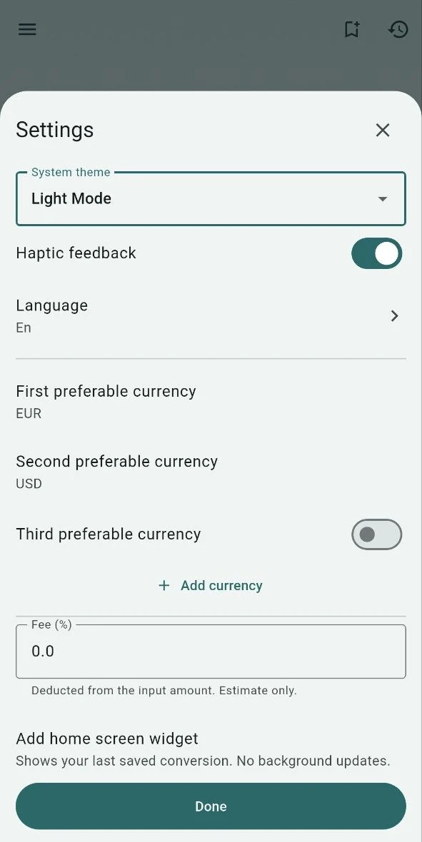 Fluxly settings: theme, language, preferred currencies and fee