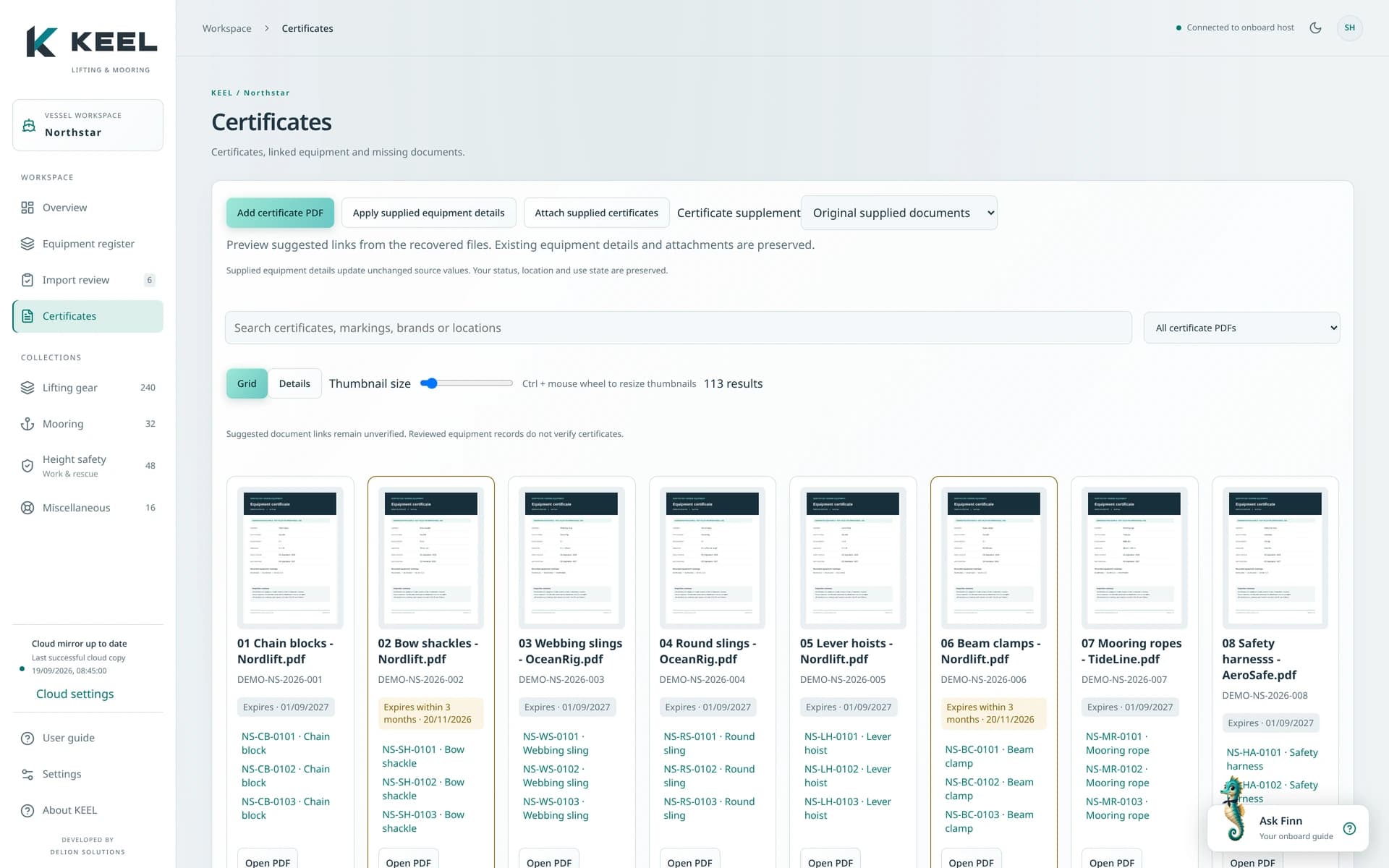 PDF certificate library with document thumbnails, linked equipment and expiry indicators.