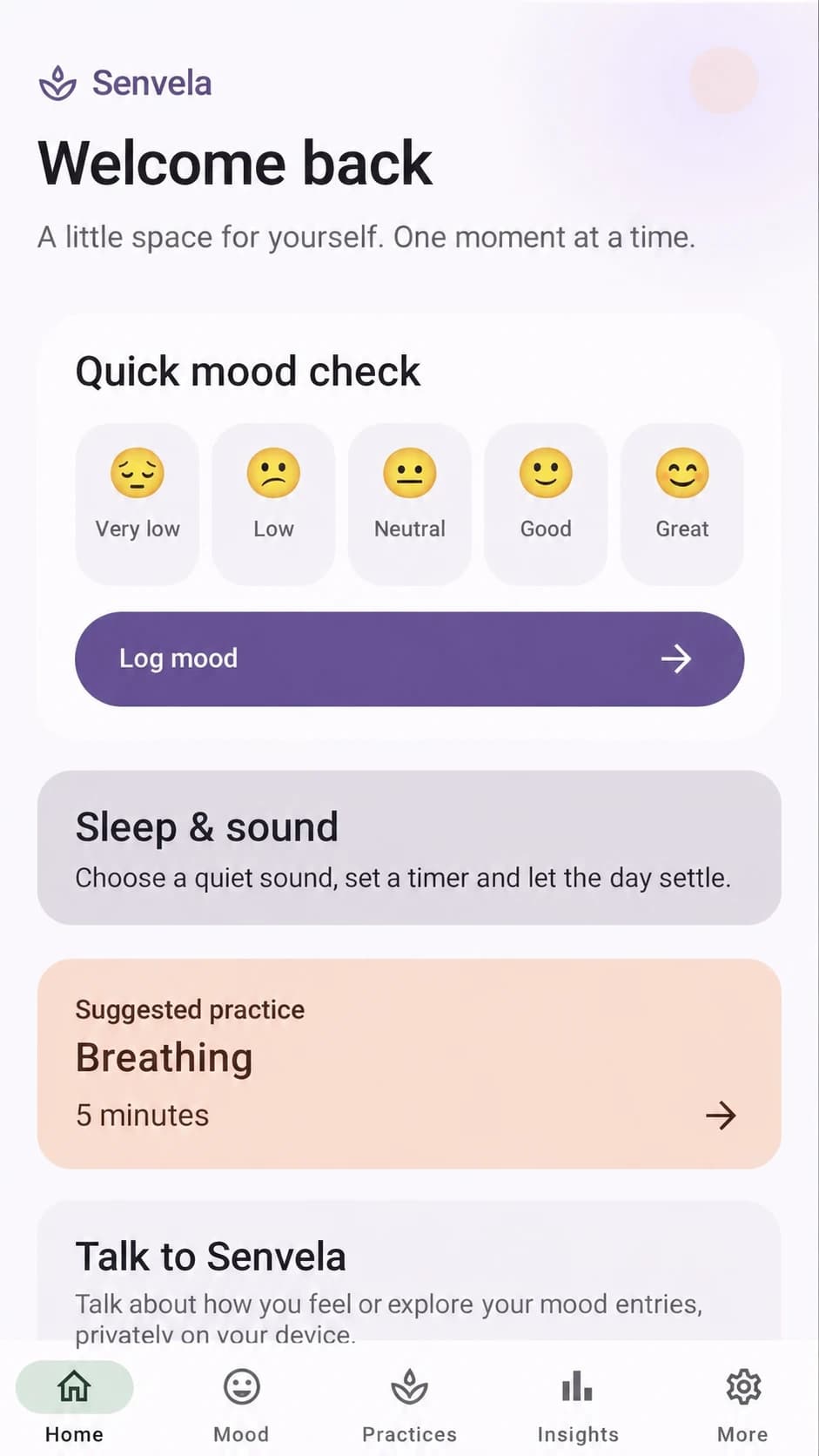 Senvela home screen: quick mood check, sleep sounds, a suggested practice and the private companion