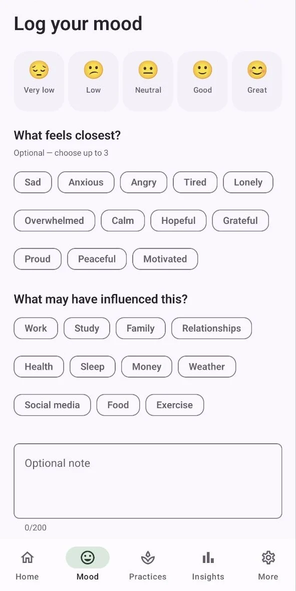 Senvela mood log: five moods, feelings and influences, optional note
