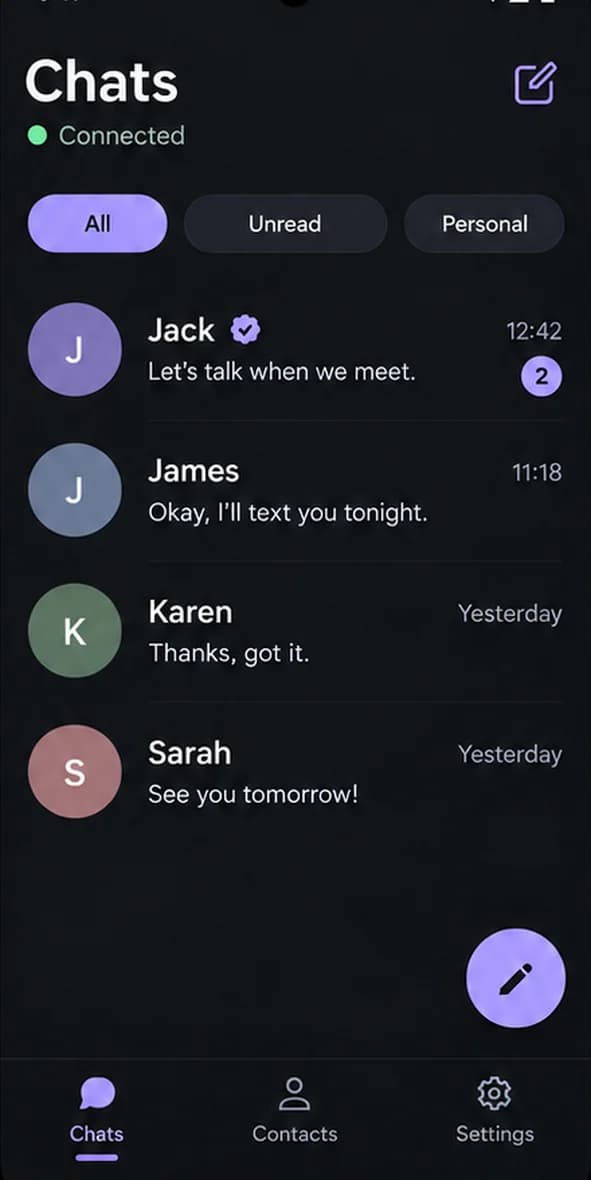 ShadowTalk chat list with verified contacts