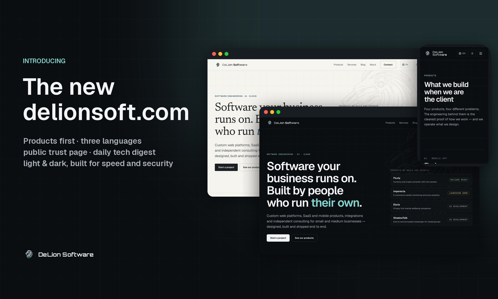 The new delionsoft.com: home page in light and dark themes and the products page on a phone