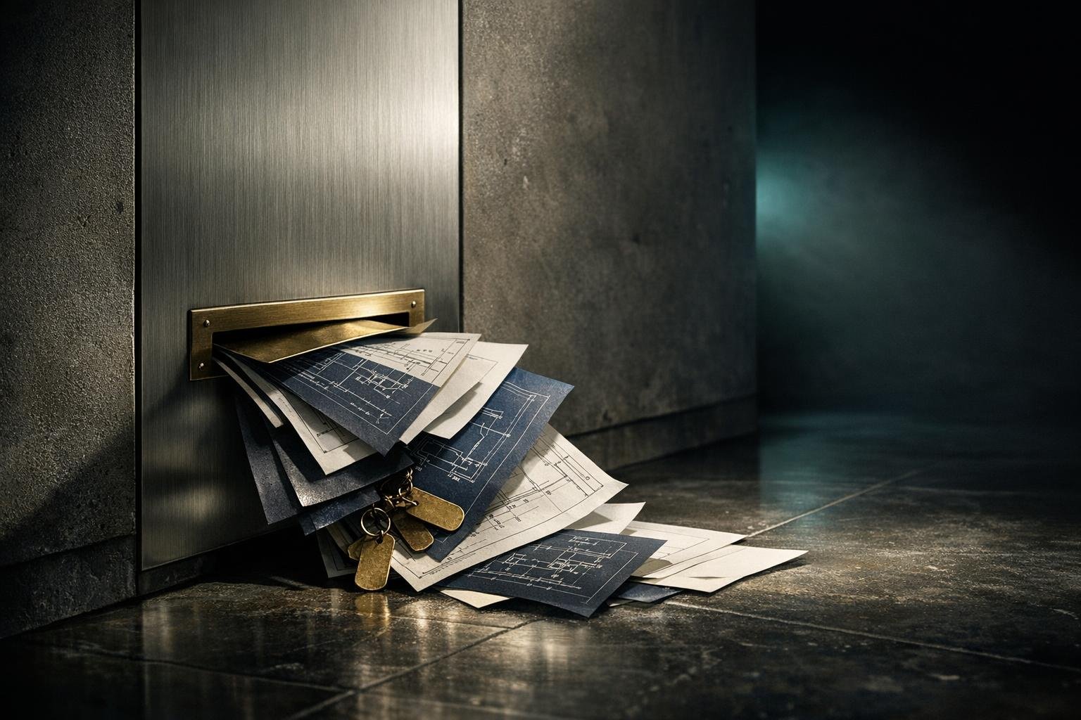 Papers and brass key tags spilling from a narrow slot in a sealed steel door