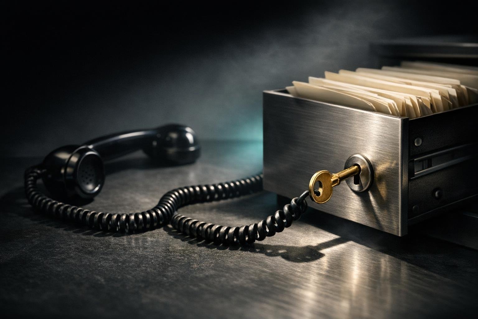 Telephone cord ending in a brass key unlocking a steel file drawer spilling documents