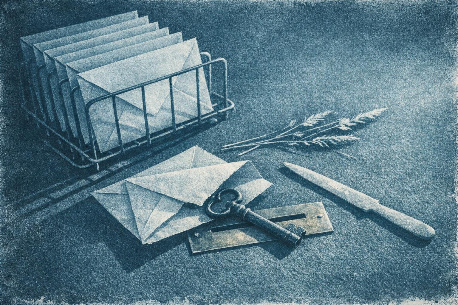 Envelopes in a wire rack, one torn open with an iron key sliding out