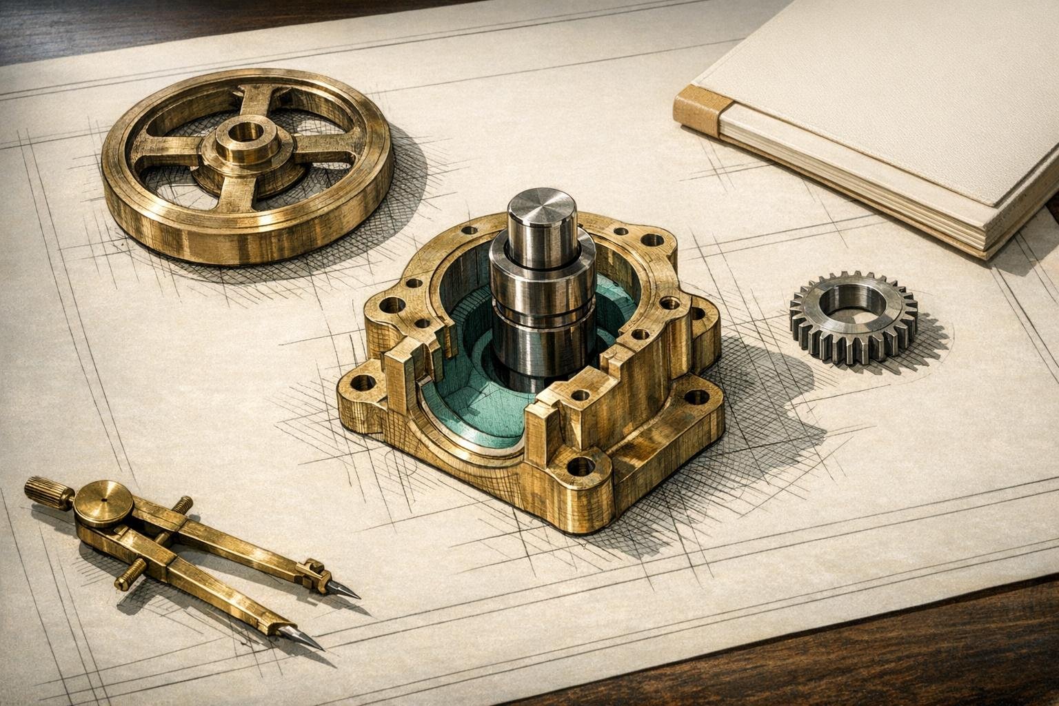 Exploded brass mechanism on drafting board, heavy flywheel removed, small steel core being fitted