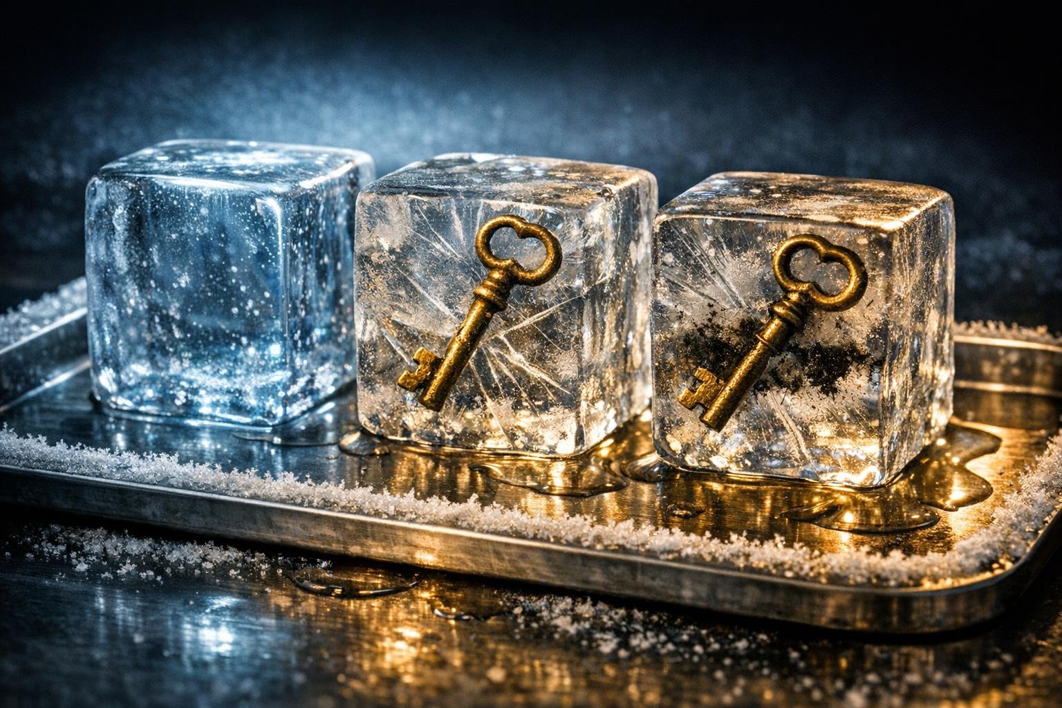 Three clear ice blocks on steel tray; two hide brass keys and dark sediment inside