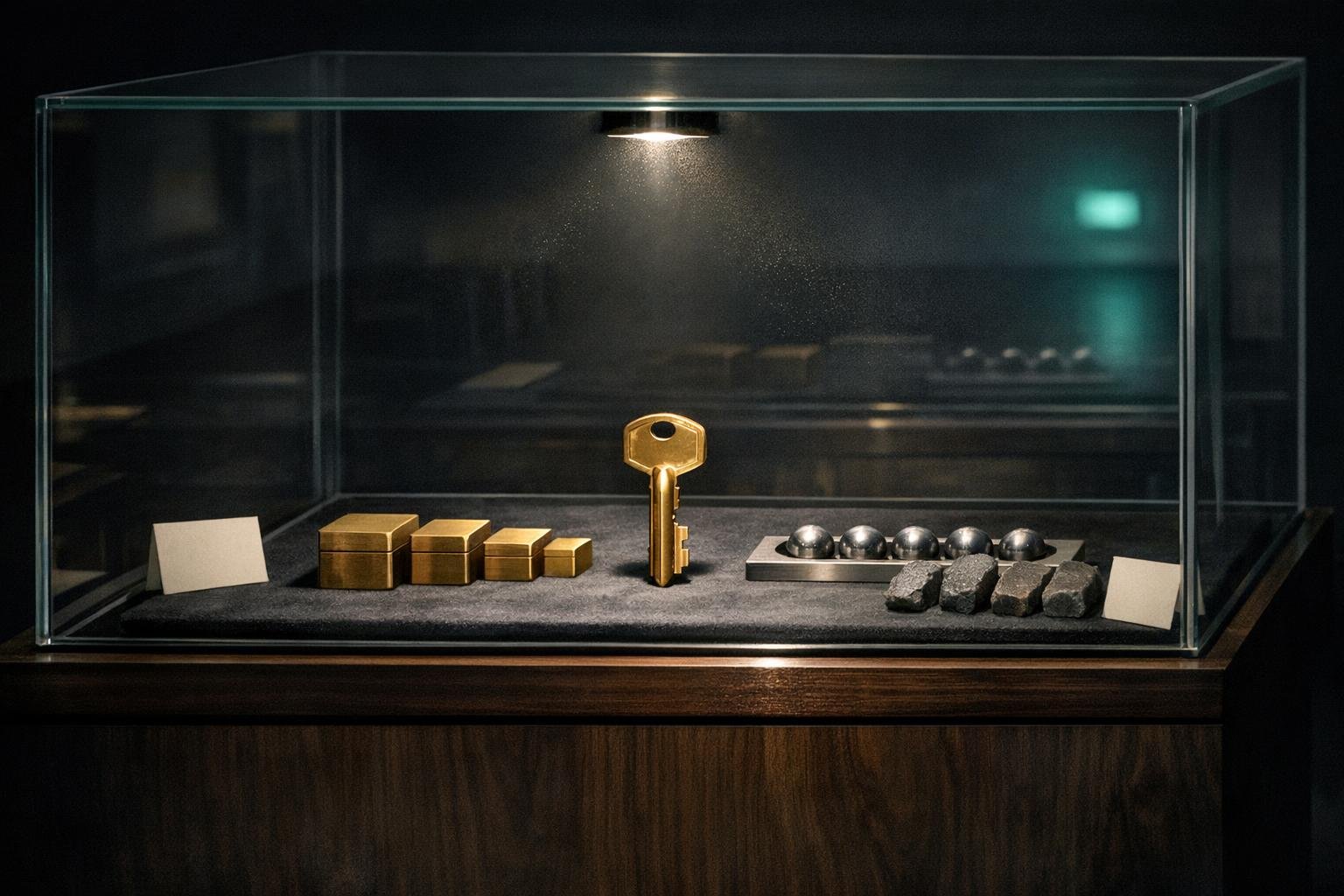 Vitrine tray with double-bitted brass key, slim brass cubes, steel spheres, rough wax blanks