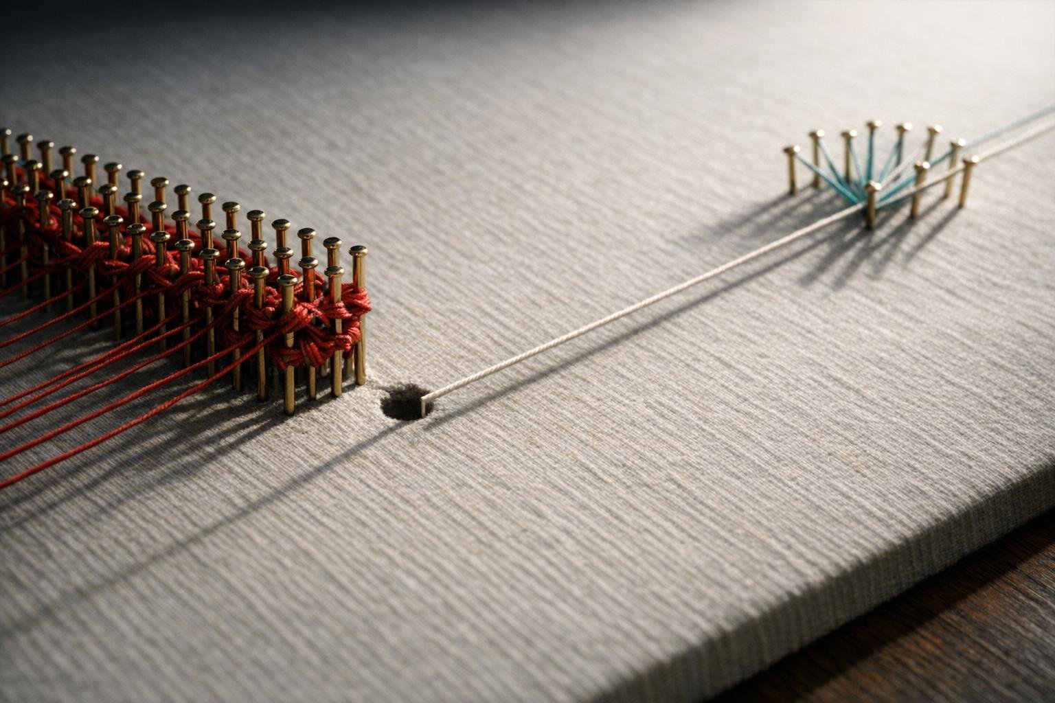 Red threads stopped by a line of pins; one thread slips through a gap.