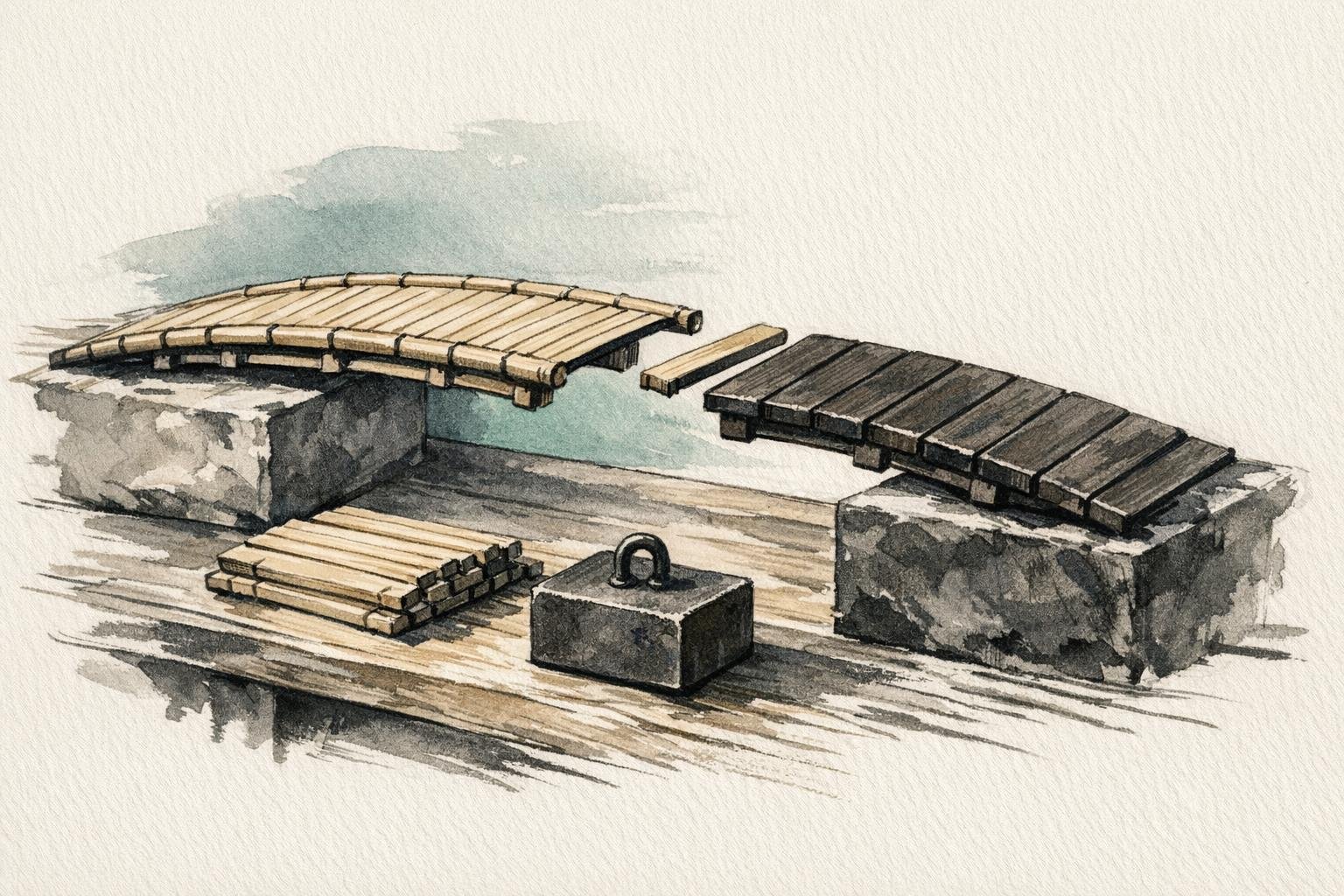 Model footbridge half rebuilt, pale bamboo slats replaced mid-span by dark heavy planks