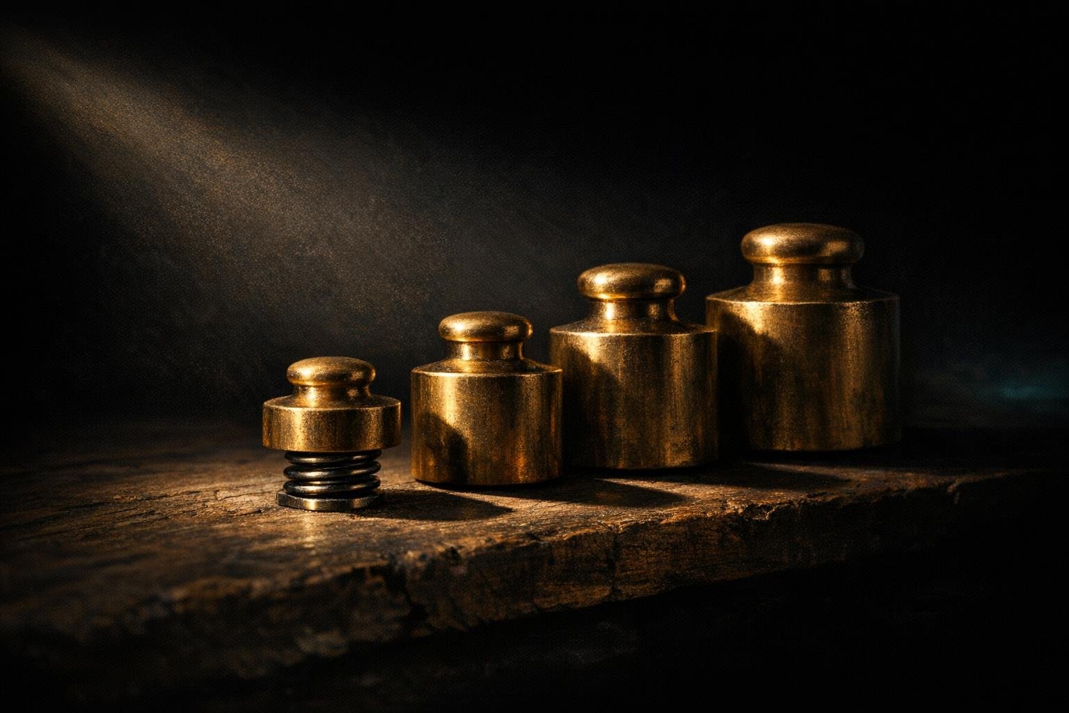 Four graduated brass weights on dark wood, smallest lifted by a compressed spring, dramatic sidelight