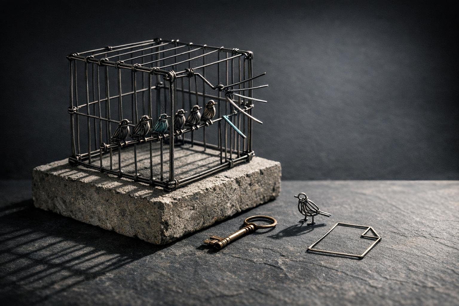 Wire cage with bars bent open, wire bird escaped outside beside wire key and document