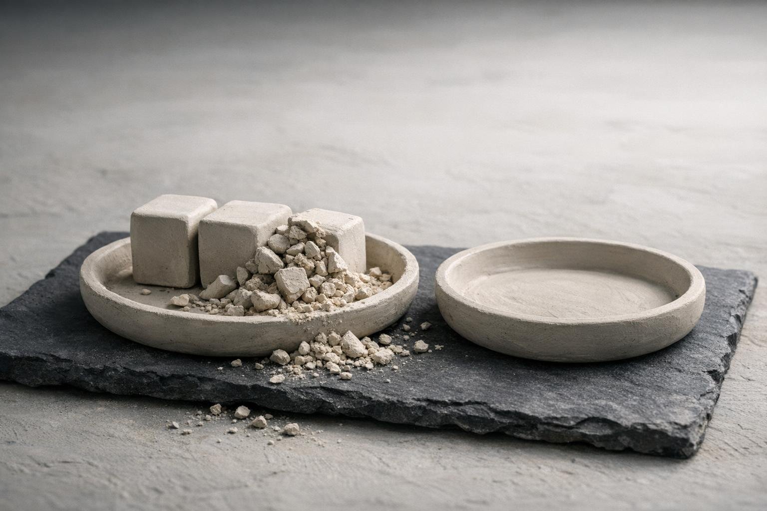 Clay dish with three small blocks, one crumbled; an empty second dish waits nearby