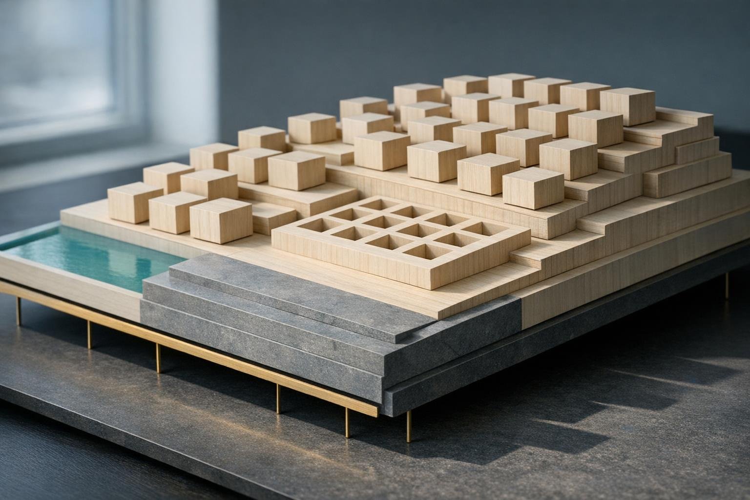 Wooden model town on brass stilts, one terrace empty, stone base, raking light