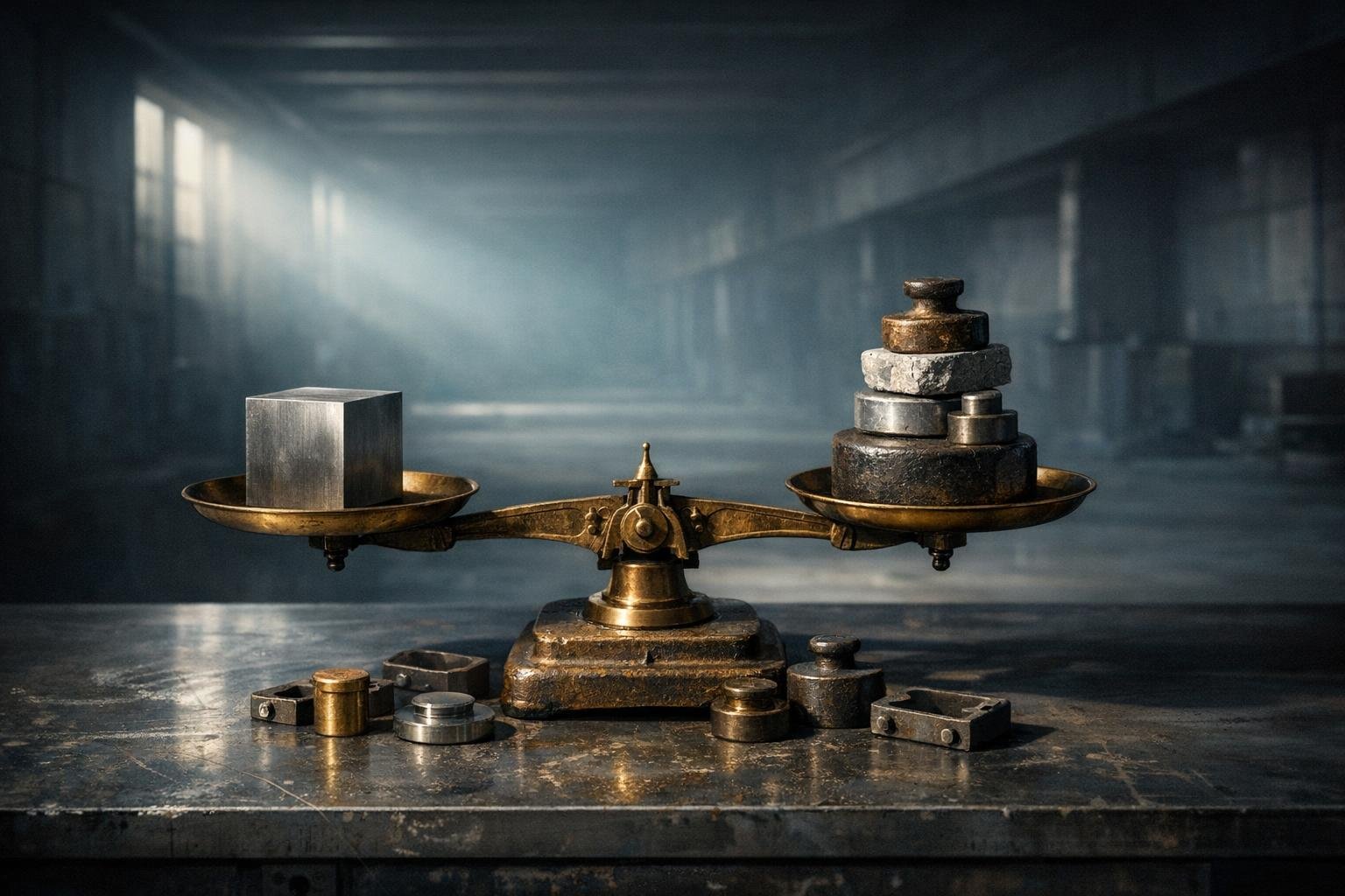 Brass balance scale weighing one steel cube against a stack of mismatched weights
