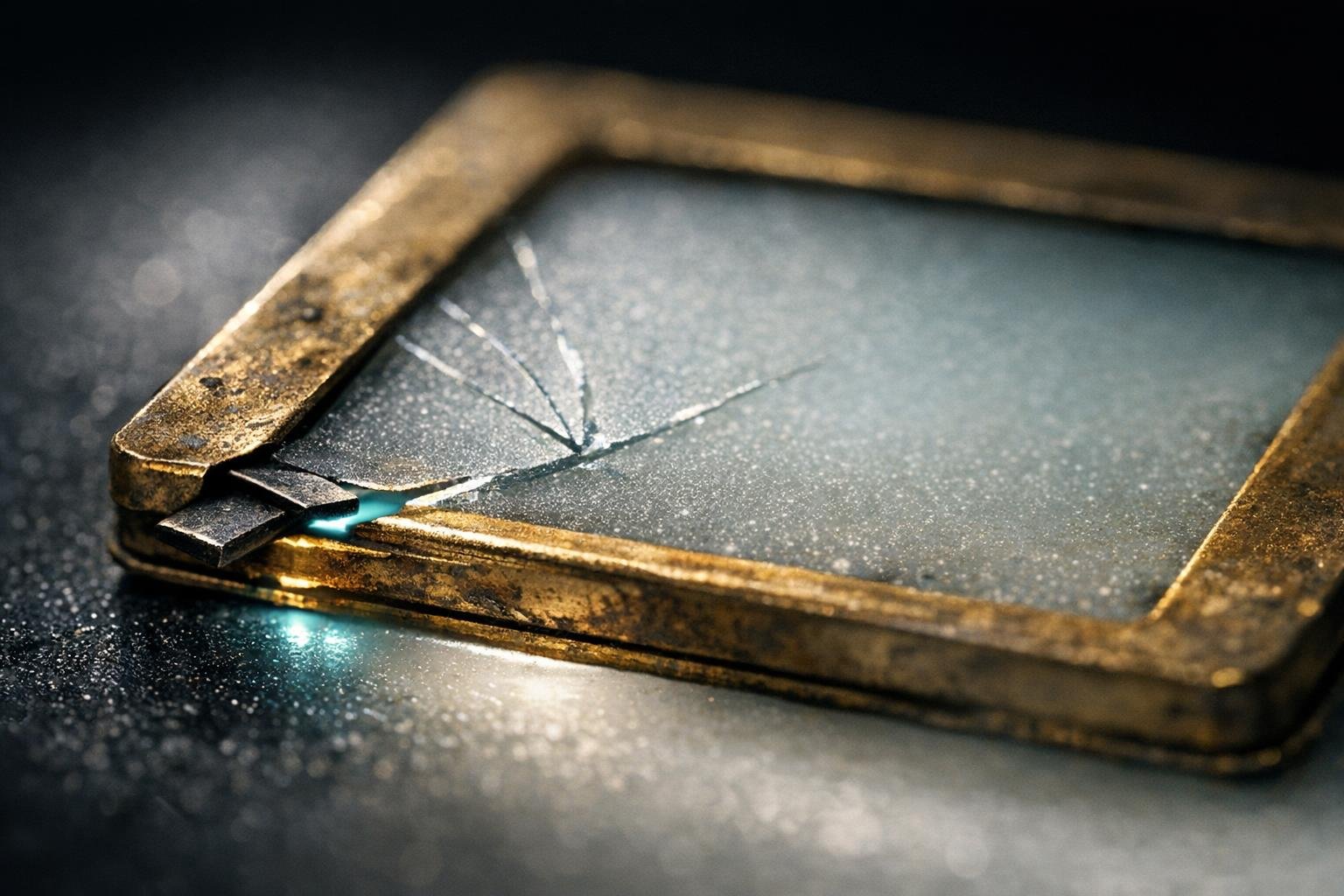 Cracked frosted glass slide in brass mount on lightbox, metal sliver wedged under frame