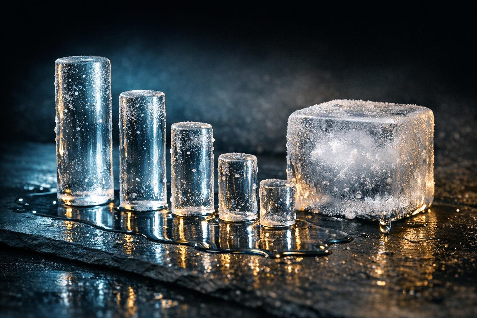 Row of clear ice columns shrinking in height, melting on dark slate beside one frosted block