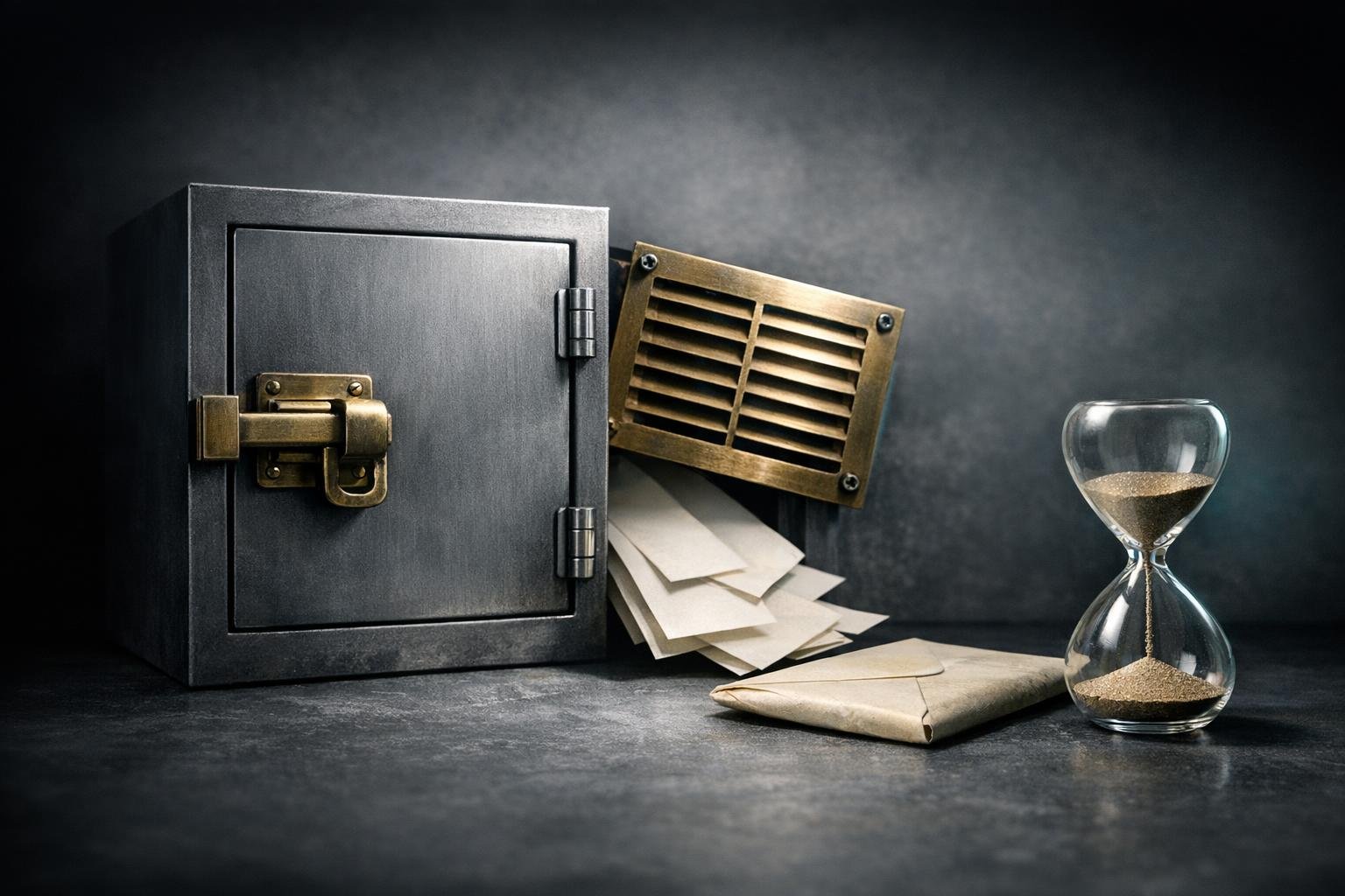 Sealed steel cabinet door intact while loose brass vent grille spills papers; dusty envelope, draining hourglass