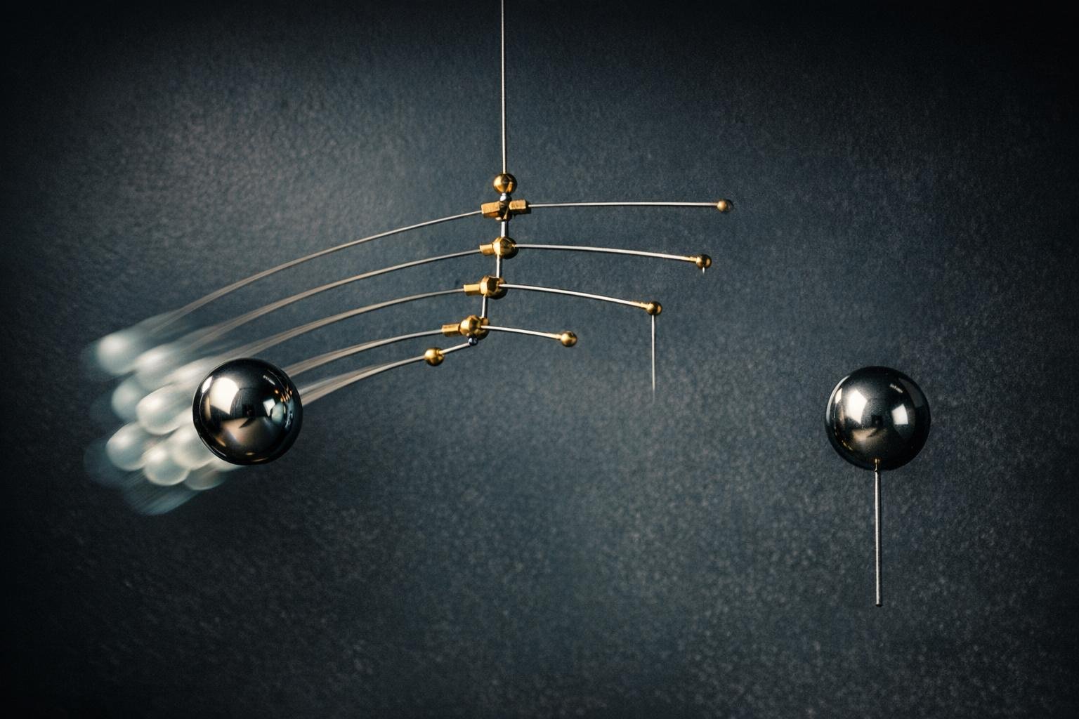 Brass mobile with glass beads all leaning toward one sphere, another sphere ignored