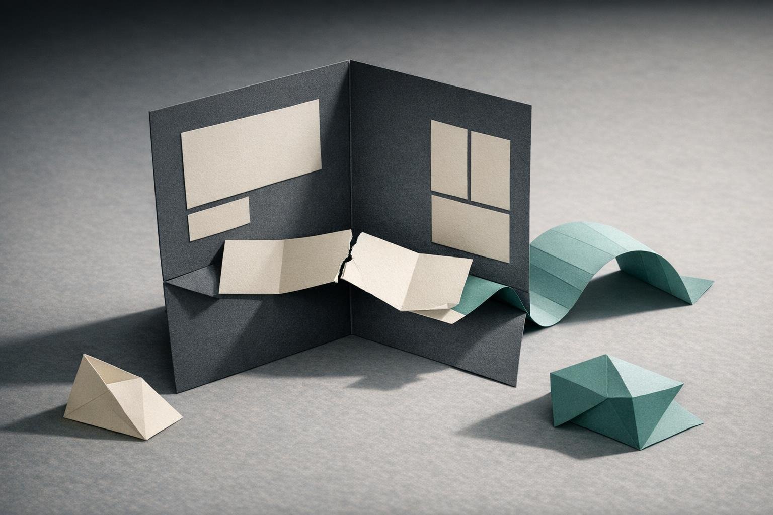 Folded grey paper device shape; stiff paper rectangle buckles across crease, pleated strip bends smoothly