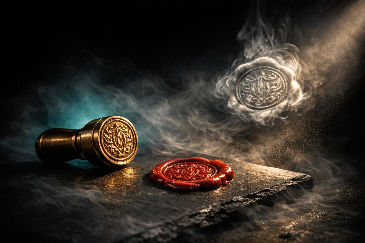 Brass signet stamp beside a wax seal and an identical seal made of smoke